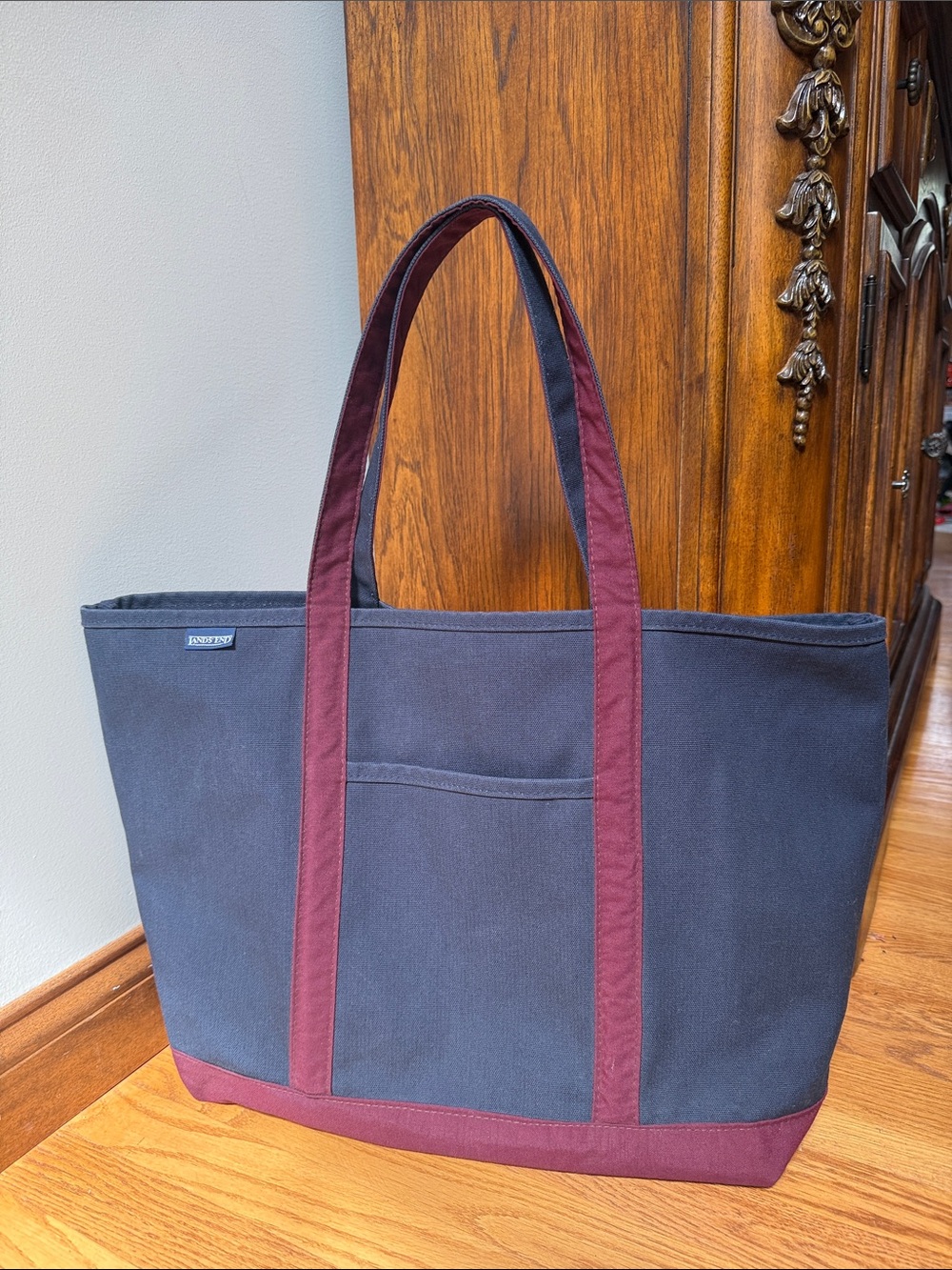 Lands End Canvas Boat Tote Bag Navy Burgundy Trim/Bottom Made in USA
